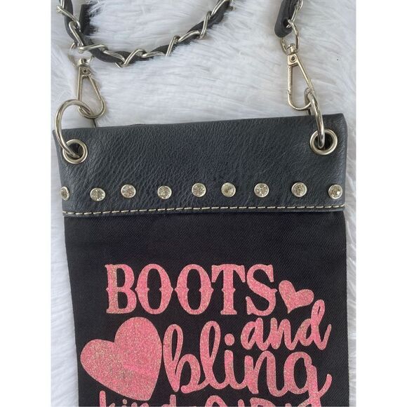 NWOT PG Collection Black Canvas/Leather “Boots And Bling” Crossbody Cell Phone P - Picture 3 of 8